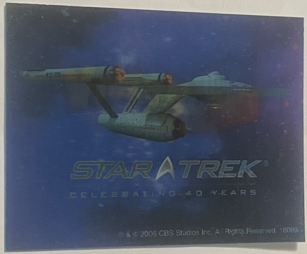 3D lenticular card showing USS Enterprise starship in space with "Star Trek Celebrating 40 Years" text and CBS Studios