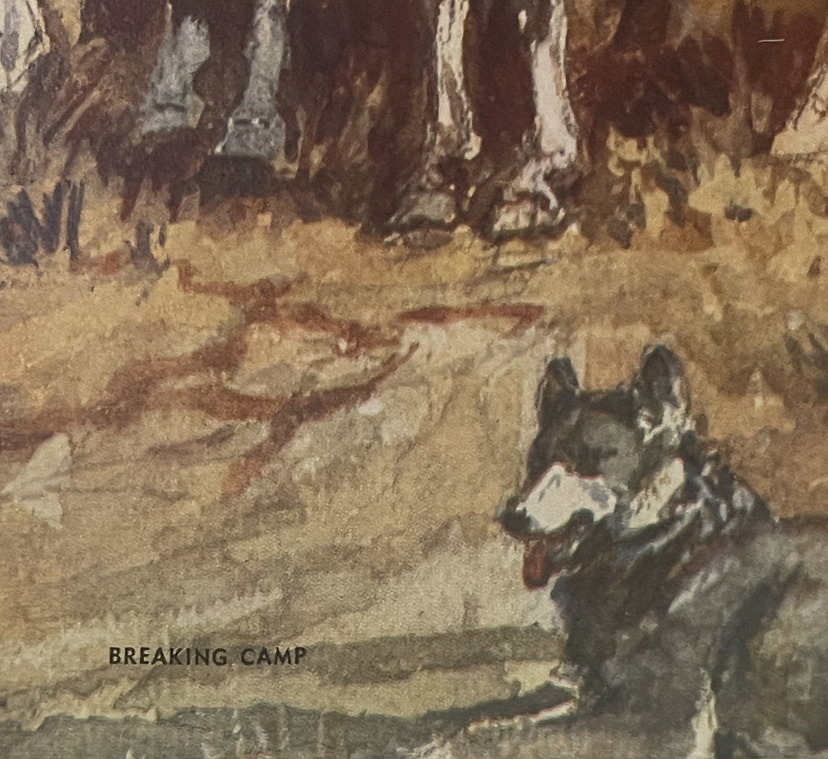 Vintage art print showing cowboys on horseback near rocky canyon walls, labeled "Breaking Camp" at bottom left, sepia-toned c