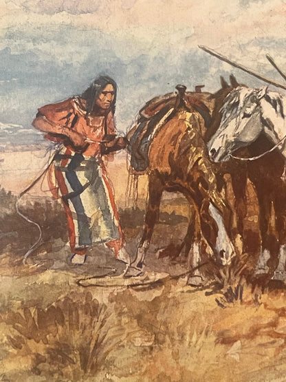 Watercolor painting of a Native American man in traditional dress holding horses in an arid landscape with sparse vegetation