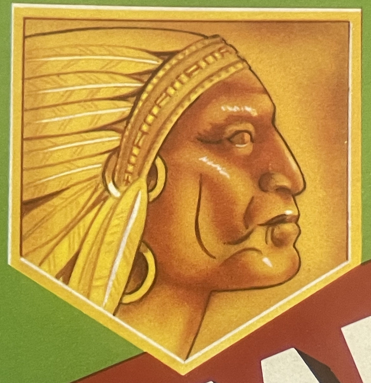 Vintage fruit crate label featuring a Native American chief in profile with feathered headdress, gold and brown tones on yell