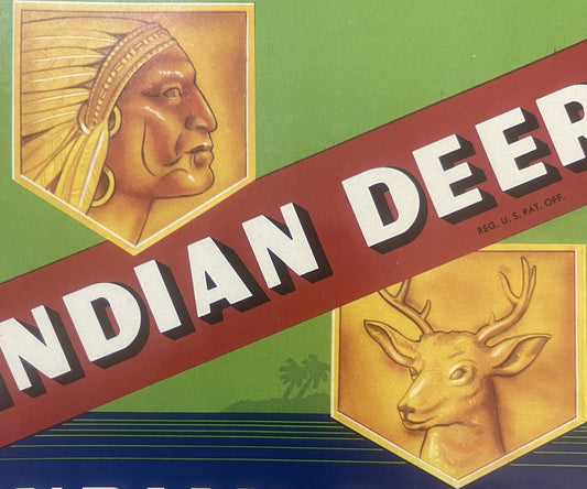 Vintage 1940s Indian Deer Crate Label — Indian River Fruit, Deerfield Groves Company, Wabasso Florida