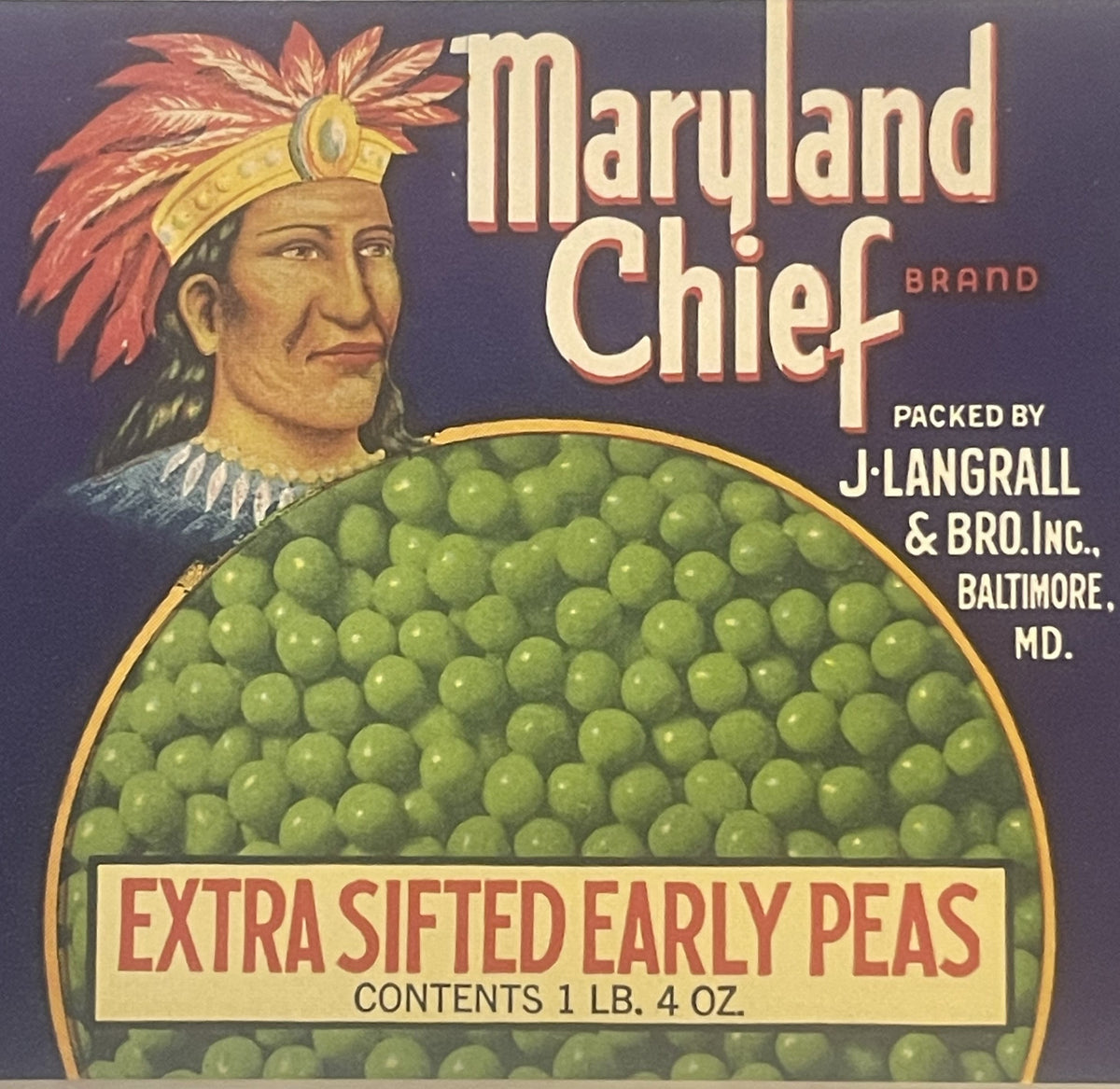 Vintage Maryland Chief Brand peas label featuring a Native American chief in feathered headdress with green peas in oval