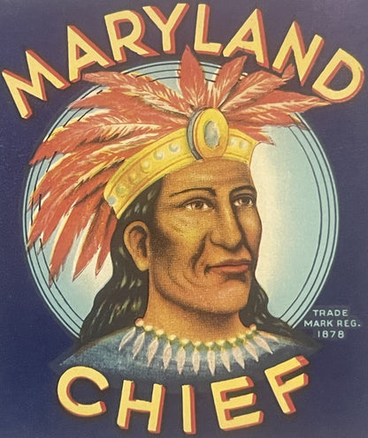 Vintage Maryland Chief vegetable label featuring Native American chief portrait in headdress, yellow text on dark blue