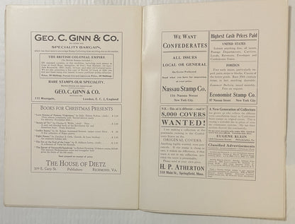 Two open pages from a 1924 philatelic magazine showing vintage stamp dealer advertisements including Geo. C. Ginn & Co.