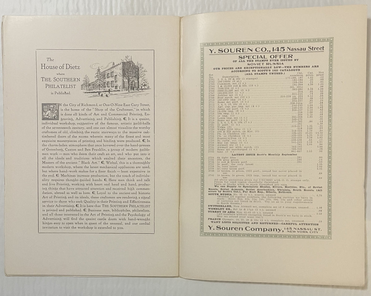 Open pages of 1924 Southern Philatelist magazine showing House of Dietz printing workshop article and Y. Souren Co. stamp cat