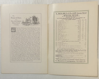 Open pages of 1924 Southern Philatelist magazine showing House of Dietz printing workshop article and Y. Souren Co. stamp cat
