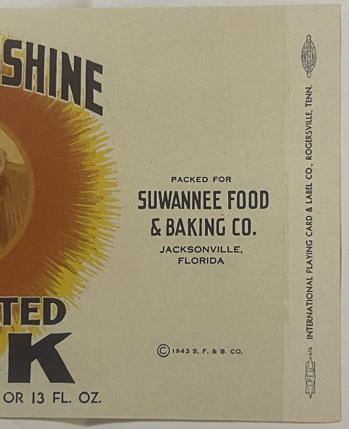 Close-up of the right panel, packed for Suwannee Food and Baking Co. of Jacksonville Florida, with the printer's imprint up the edge