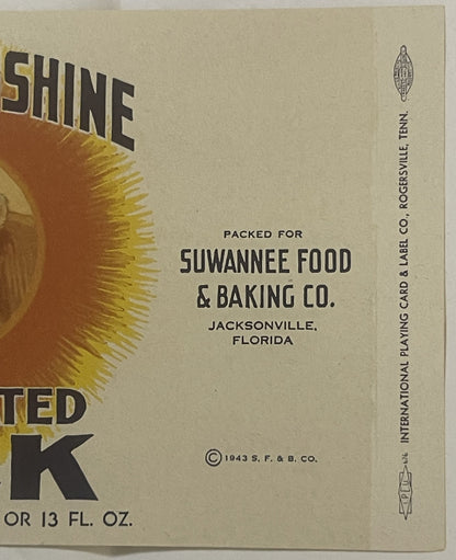 Close-up of the right panel, packed for Suwannee Food and Baking Co. of Jacksonville Florida, with the printer's imprint up the edge