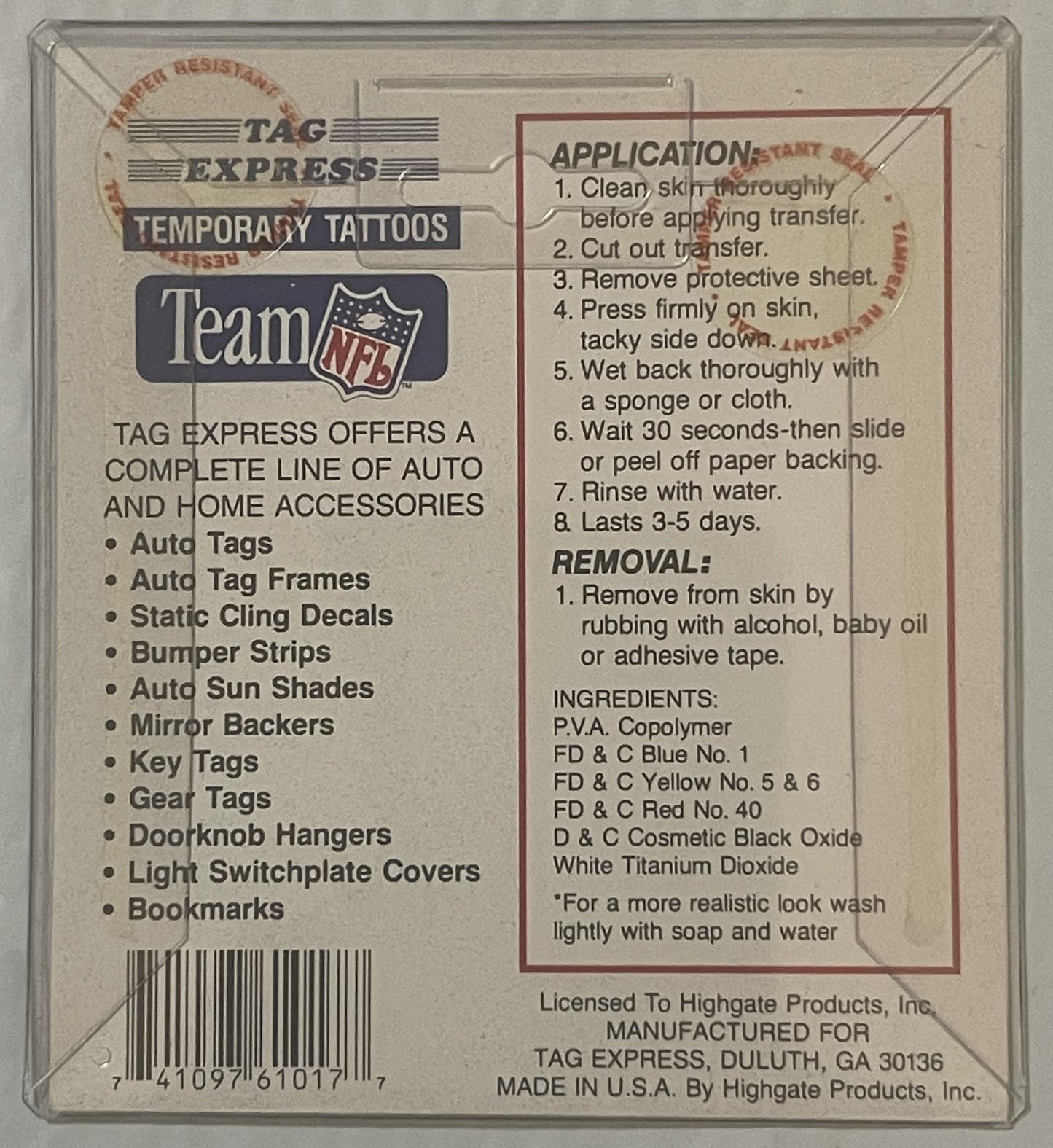 Vintage Tag Express temporary tattoos package back showing application instructions, ingredients, and NFL Team logo, in clear