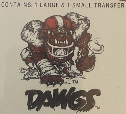 Vintage temporary tattoo package showing a brown and red cartoon bulldog character wearing a football helmet, labeled "Dawg" 