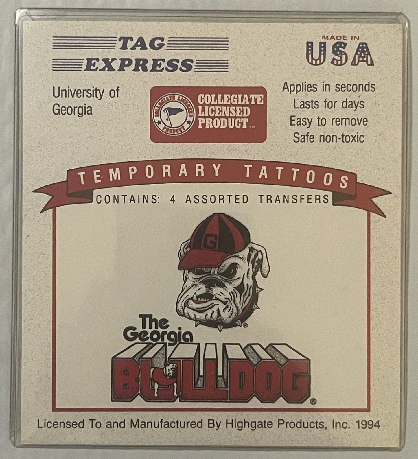 Sealed 1994 Tag Express temporary tattoo package for University of Georgia Bulldogs, featuring bulldog mascot logo in red and