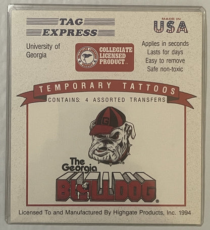 Sealed 1994 Tag Express temporary tattoo package for University of Georgia Bulldogs, featuring bulldog mascot logo in red and