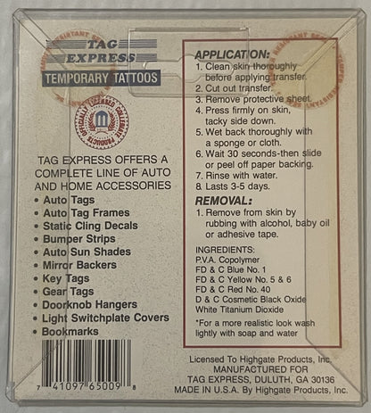 Packaging back of vintage TAG Express temporary tattoos with application and removal instructions, ingredients list, and barc