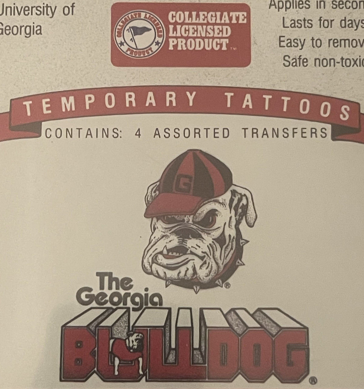 Package of temporary tattoos featuring University of Georgia Bulldogs mascot in red and black, with "Collegiate Licensed Prod