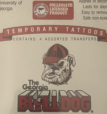Package of temporary tattoos featuring University of Georgia Bulldogs mascot in red and black, with "Collegiate Licensed Prod