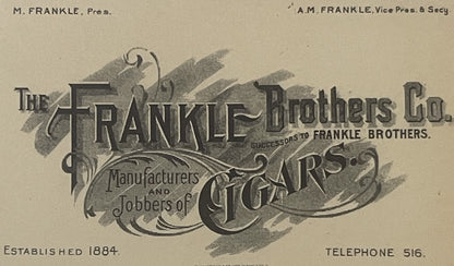 Vintage letterhead for The Frankle Brothers Co., manufacturers and jobbers of cigars, established 1884, Youngstown Ohio