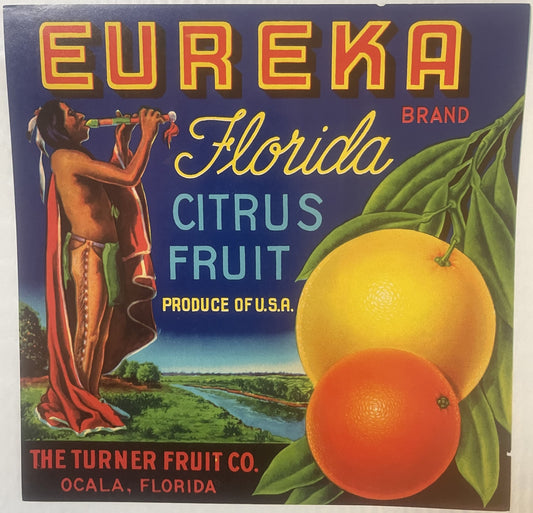 Vintage 1940s Eureka Citrus Crate Label 🍎 Native American Flute Player Art, Turner Fruit Ocala FL, Unused Kitchen Wall Decor