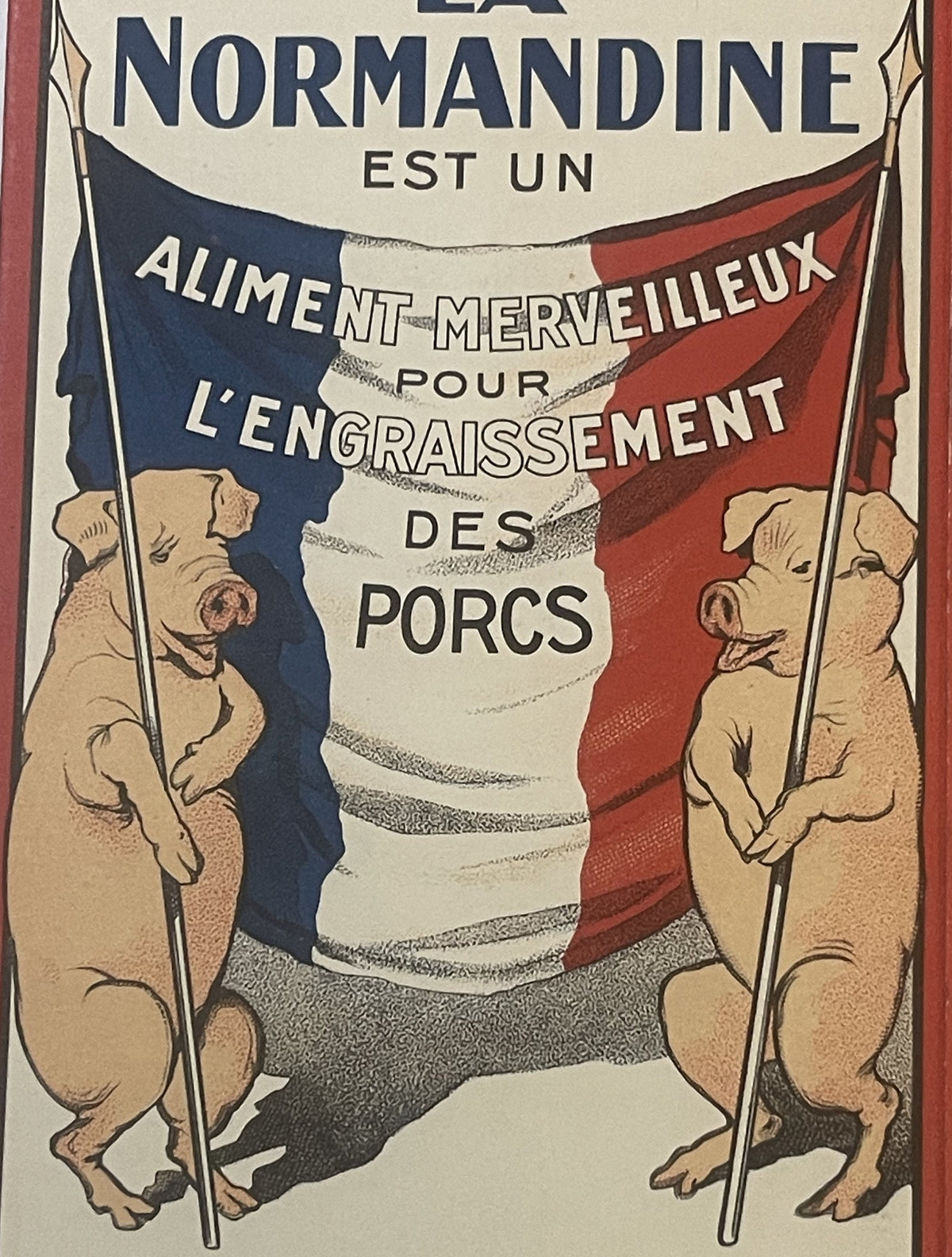 Close detail of the La Normandine back panel: two pigs stand upright holding the poles of a blue, white and red French flag lettered ALIMENT MERVEILLEUX POUR L'ENGRAISSEMENT DES PORCS