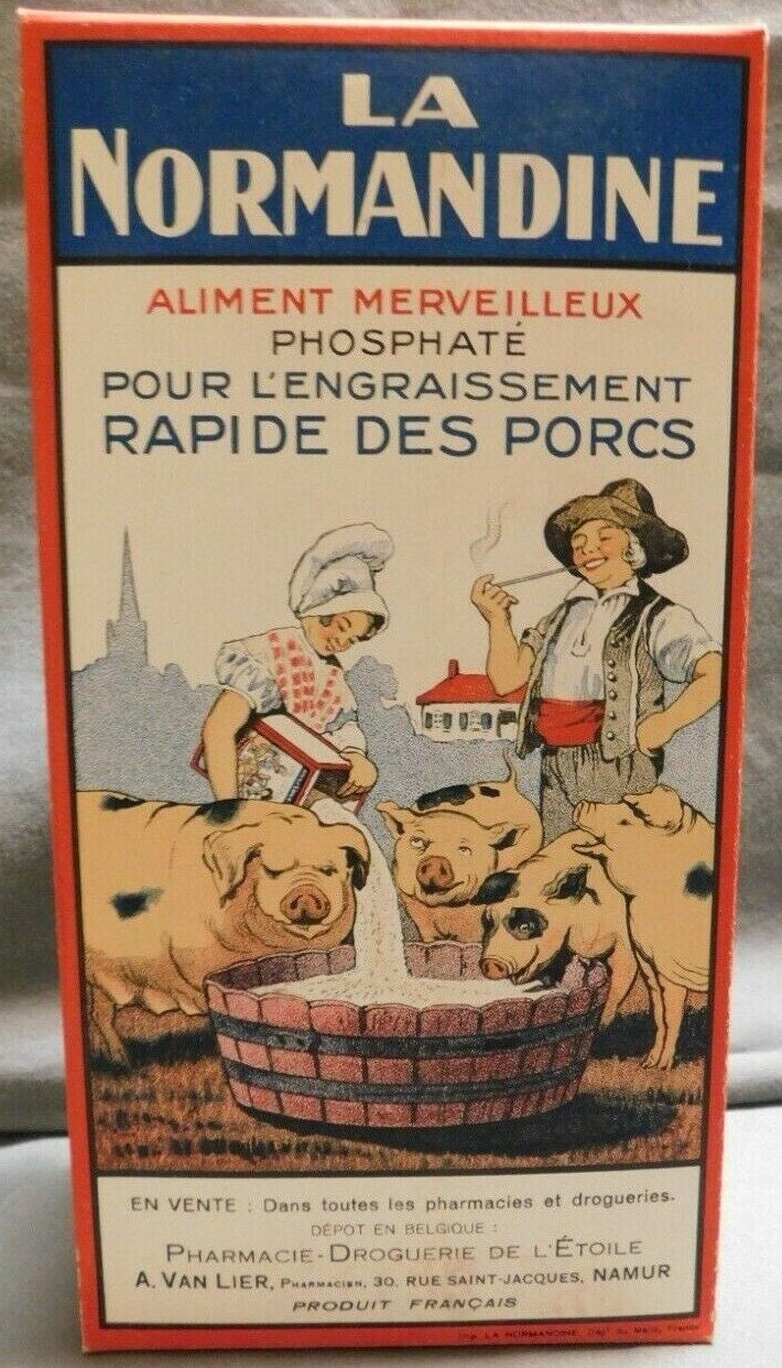 La Normandine box folded and standing, front panel: blue LA NORMANDINE header, farm couple feeding spotted pigs from a wooden tub, pharmacies and Namur depot lines at the foot of the panel