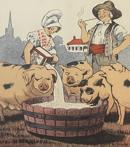 Detail of the La Normandine box art: a farm woman in a white cap pours feed from a box into a wooden tub for spotted pigs while a pipe-smoking farmer in a hat and red sash looks on, church spire and red-roofed house behind them