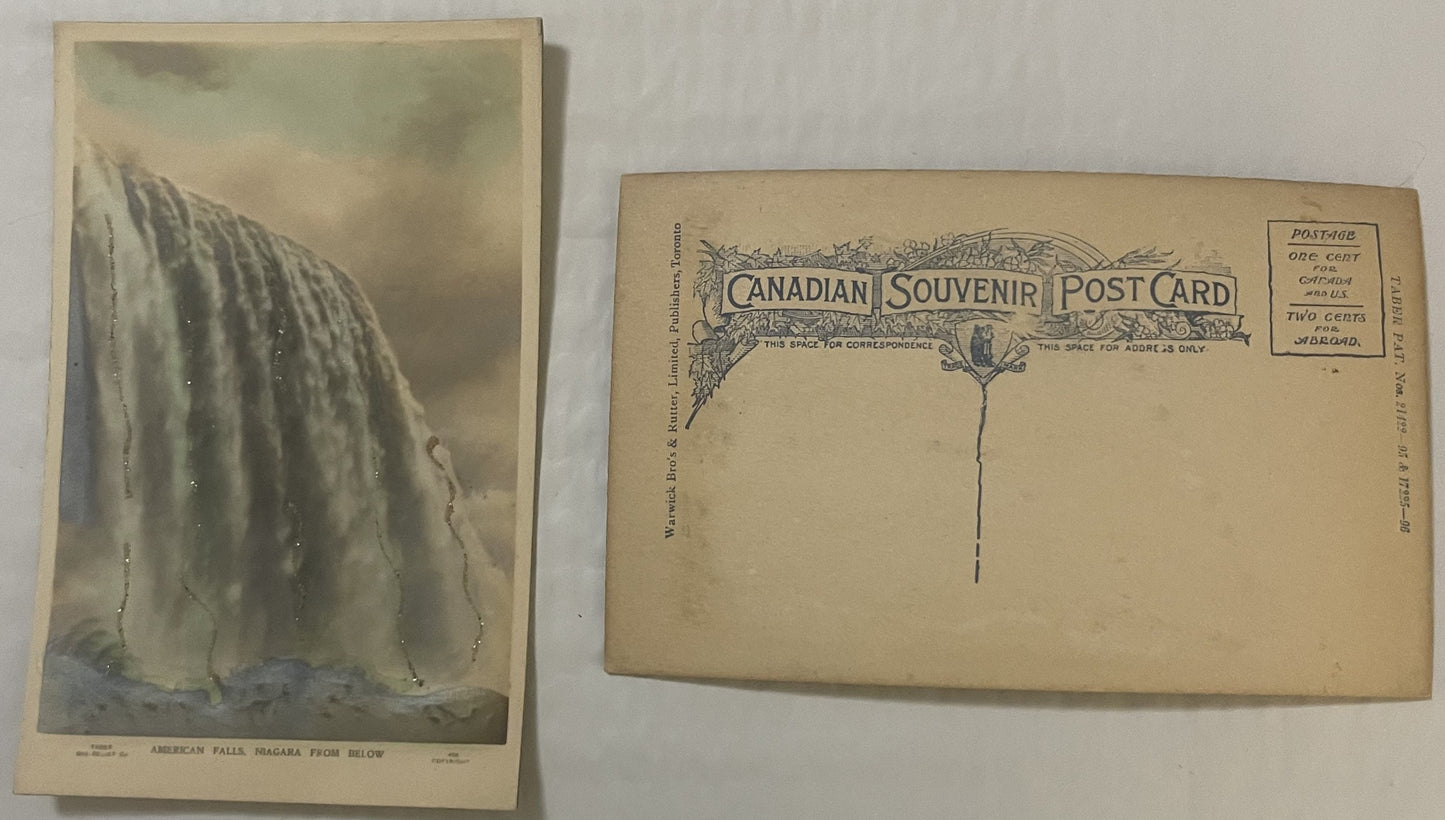 Front and back of vintage Canadian Souvenir postcard showing American Falls Niagara in sepia tones, postage markings visible 