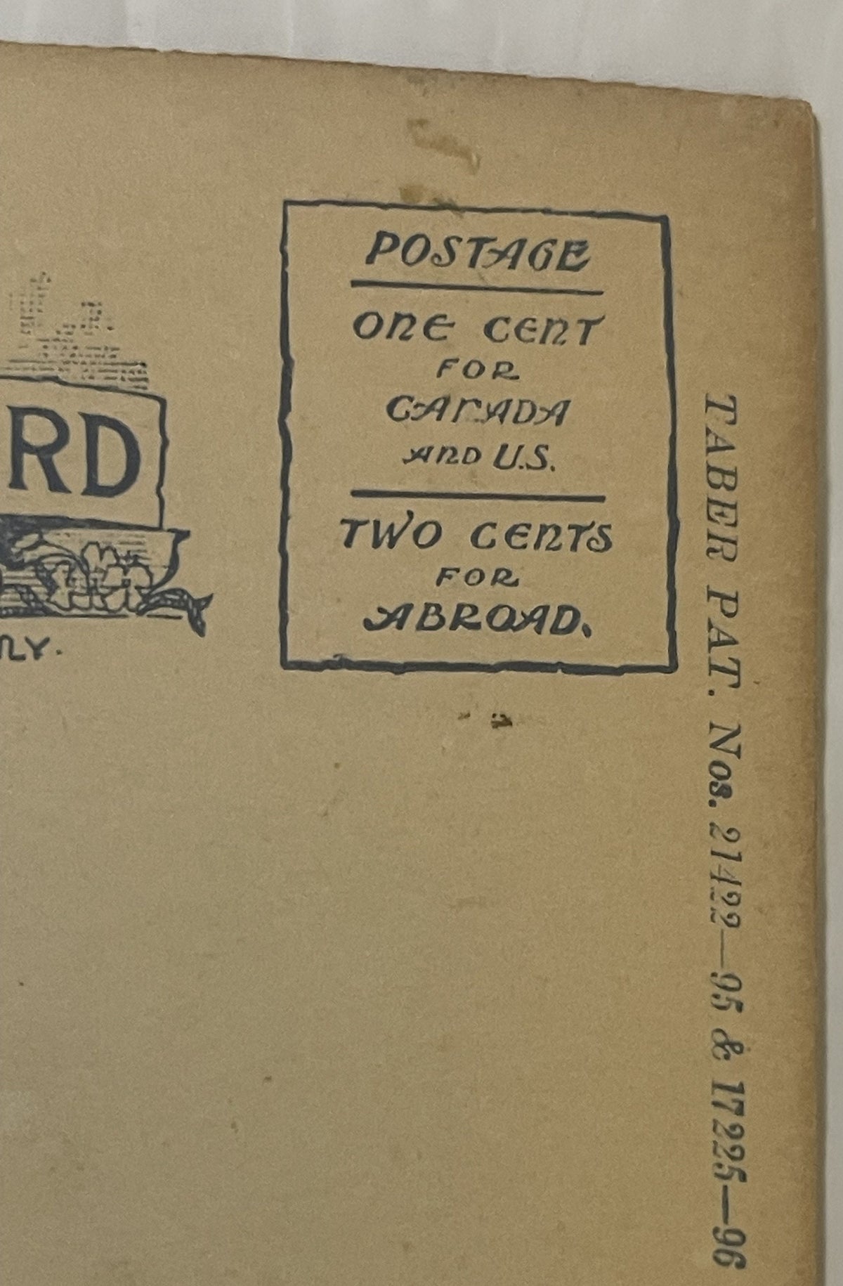 Aged postcard back showing postage rates: one cent for Canada and U.S., two cents for abroad, with archival reference number 