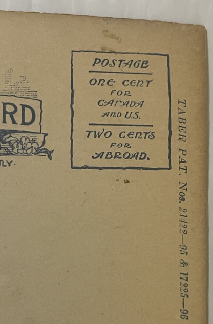 Aged postcard back showing postage rates: one cent for Canada and U.S., two cents for abroad, with archival reference number 