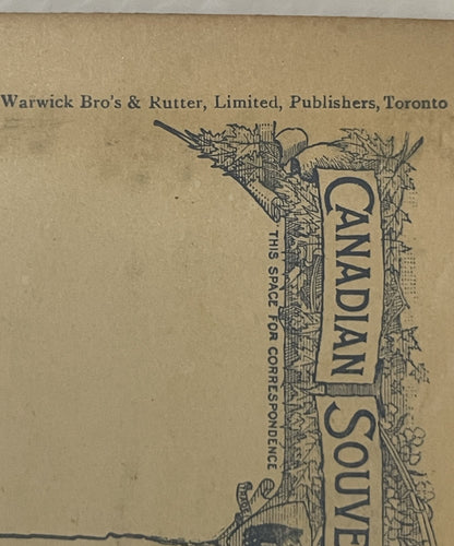 Aged postcard back from Warwick Bro's & Rutter Publishers Toronto, with "Canada Souvenir" text and decorative Niagara Falls e