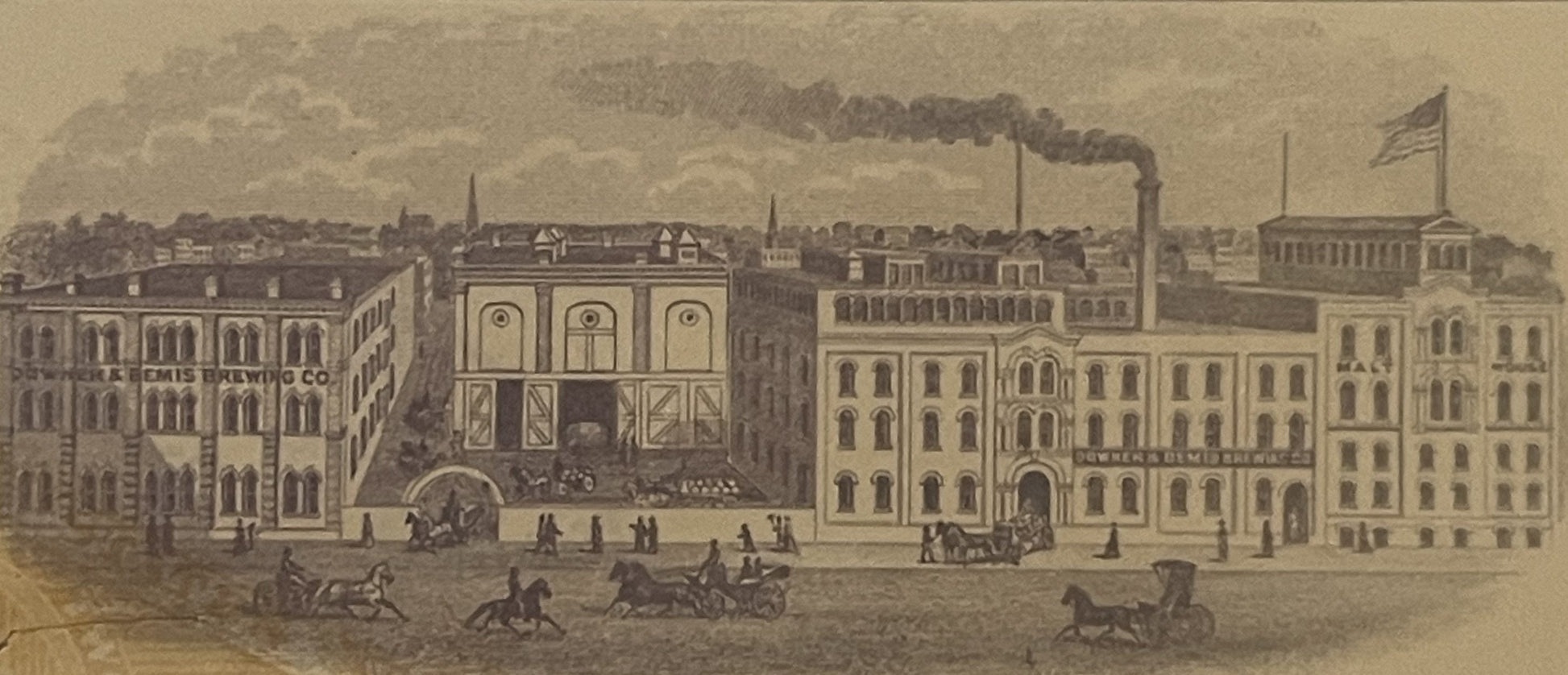 Sepia-toned engraving of 19th-century Chicago industrial complex with "Downer and Bemis Brewing Co" text visible on left buil