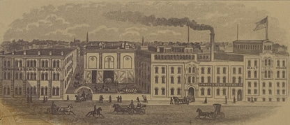 Sepia-toned engraving of 19th-century Chicago industrial complex with "Downer and Bemis Brewing Co" text visible on left buil