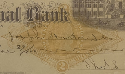 Close-up of aged bank check showing ornate "National Bank" header with building illustration and handwritten signature, print