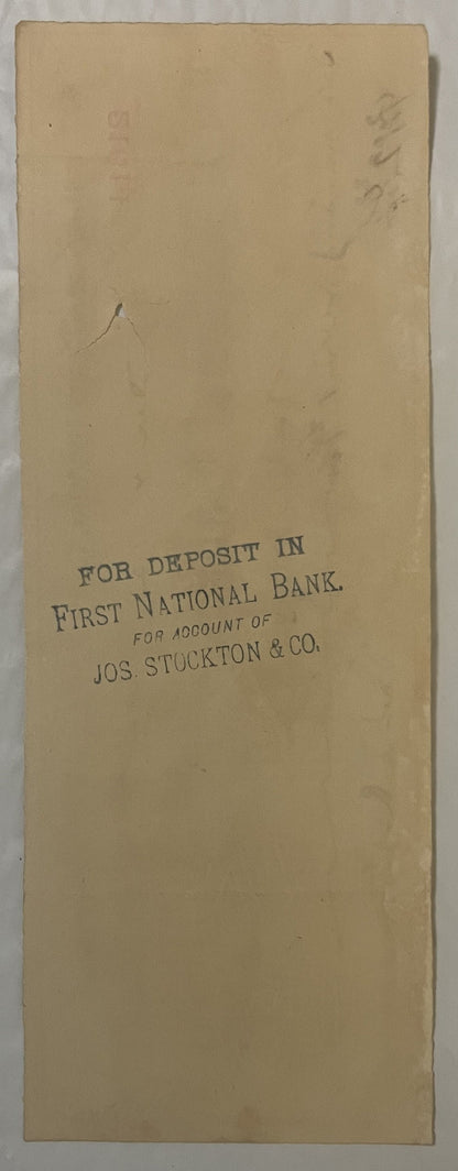 Back of aged tan paper envelope printed "For Deposit In First National Bank For Account Of Jos. Stockton & Co.