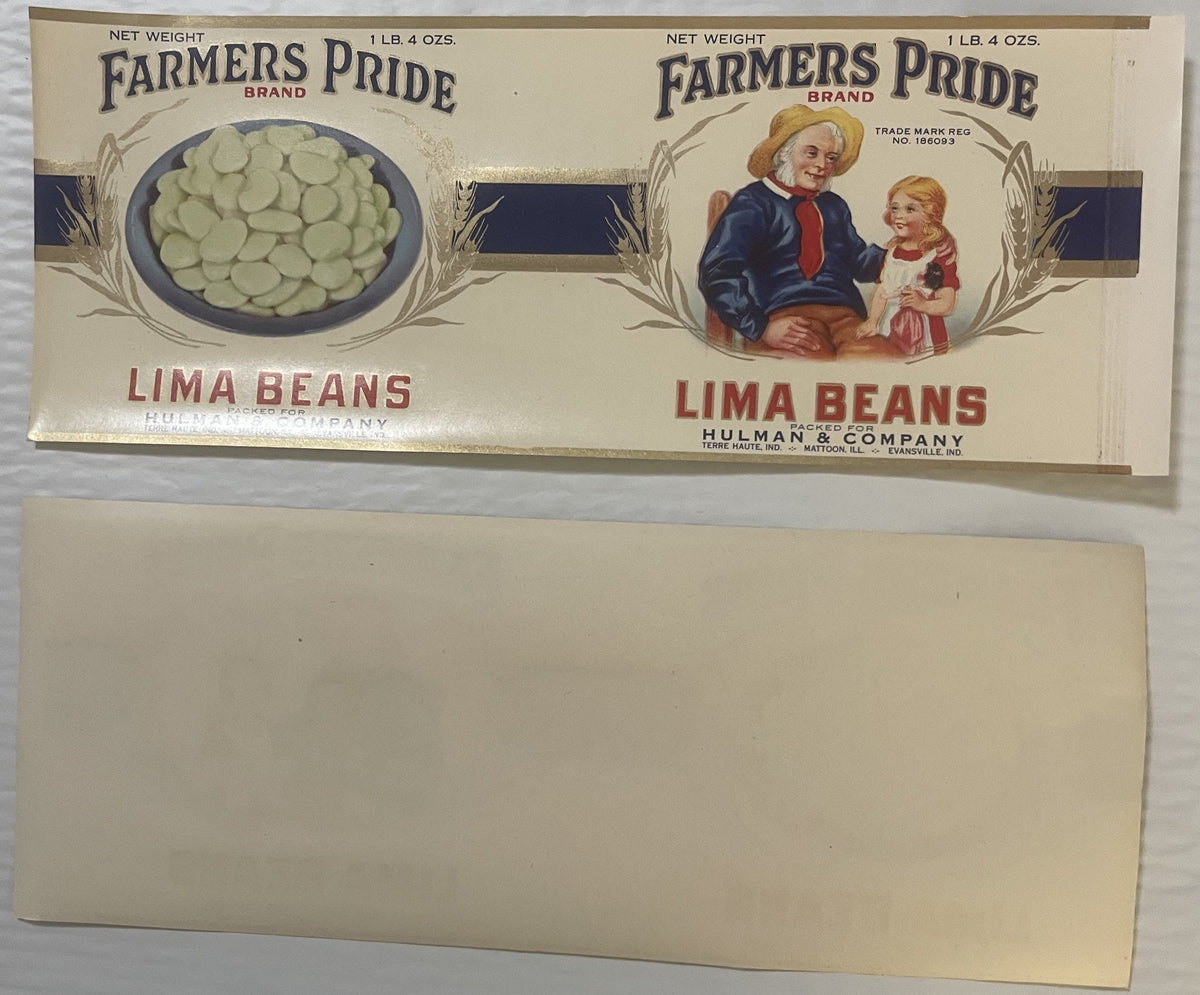 Two vintage Farmers Pride lima bean labels showing product imagery and an elderly man with child, net weight 1 lb 4 oz, packe