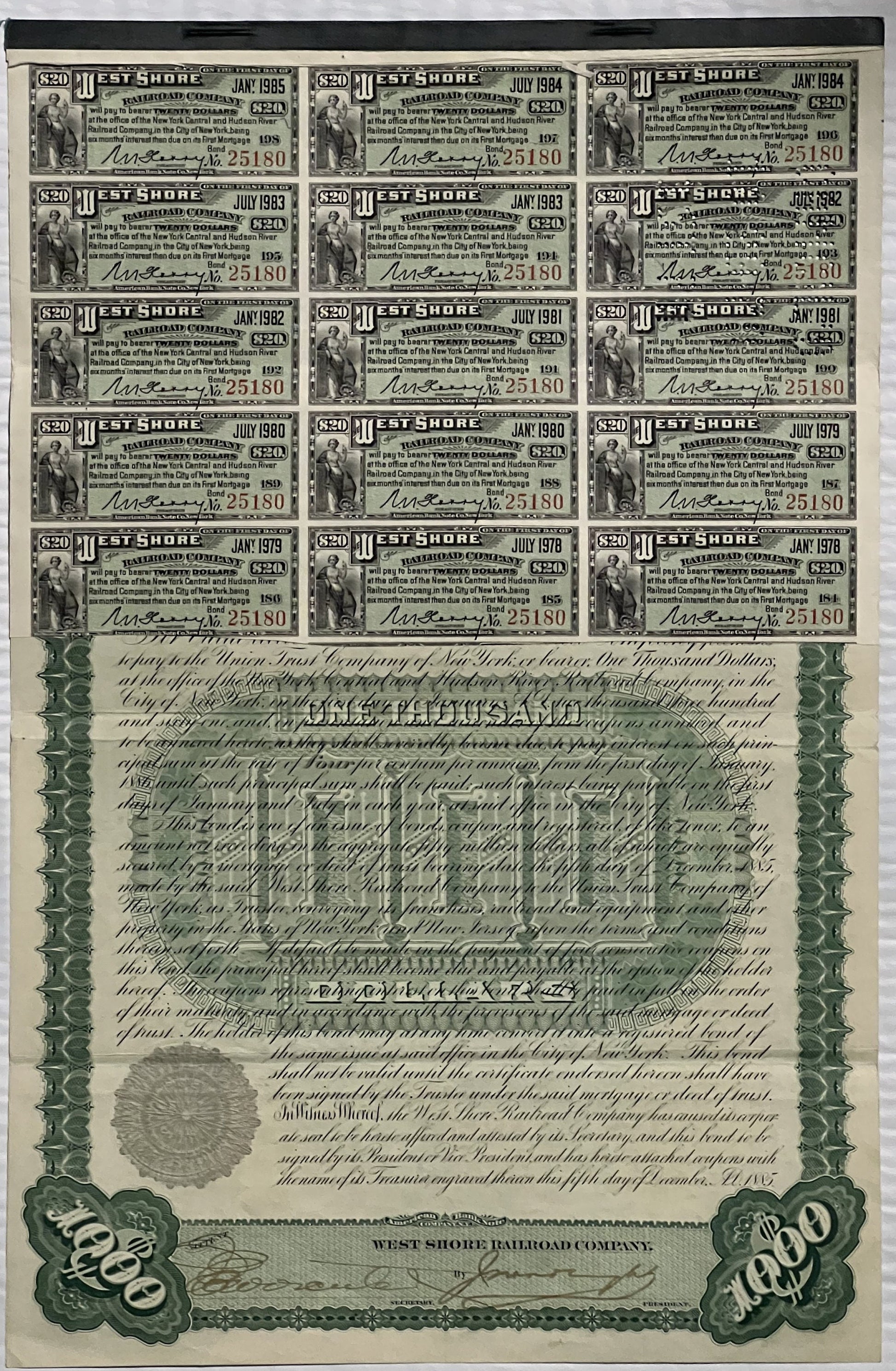 Antique West Shore Railroad $1,000 gold bond certificate with 15 dated coupons arranged in rows, ornate green border and seal