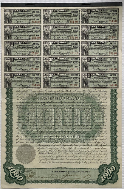 Antique West Shore Railroad $1,000 gold bond certificate with 15 dated coupons arranged in rows, ornate green border and seal