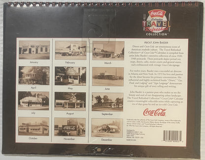 Factory-sealed Coca-Cola Travel Refreshed Collection calendar featuring vintage sepia-toned diner and roadside shop photograp