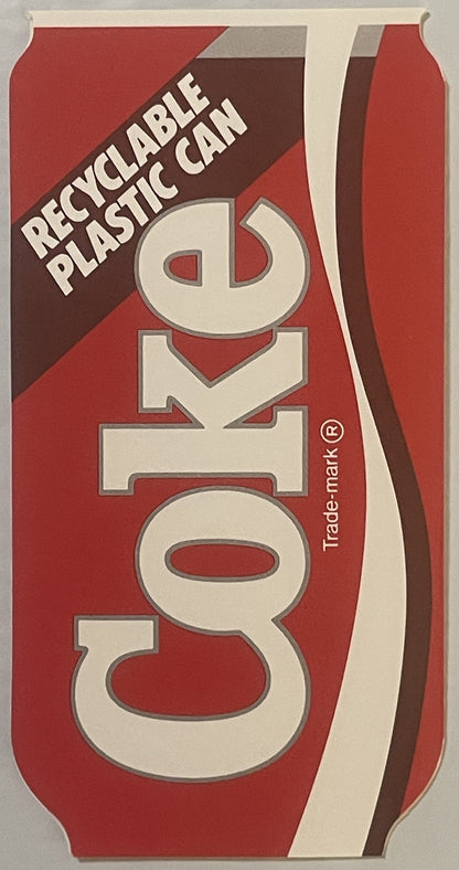 Vintage red and cream die-cut Coca-Cola brochure for recyclable plastic can, featuring large white "Coke" lettering and brown