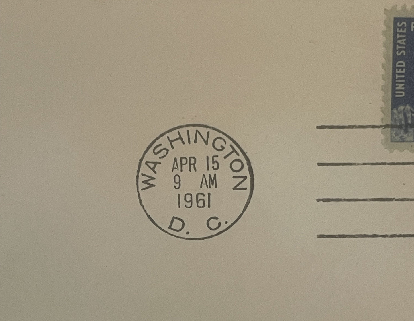 Cream-colored envelope with circular postmark reading "WASHINGTON D.C. APR 15 9 AM 1961" and partial U.S. stamp visible in up