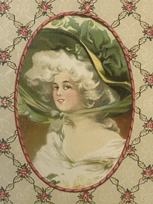 Antique Edwardian Candy Box Insert Green Silk Hat Powdered Wig Lady Chromolithograph NOS Gainsborough Portrait Ephemera 🥫