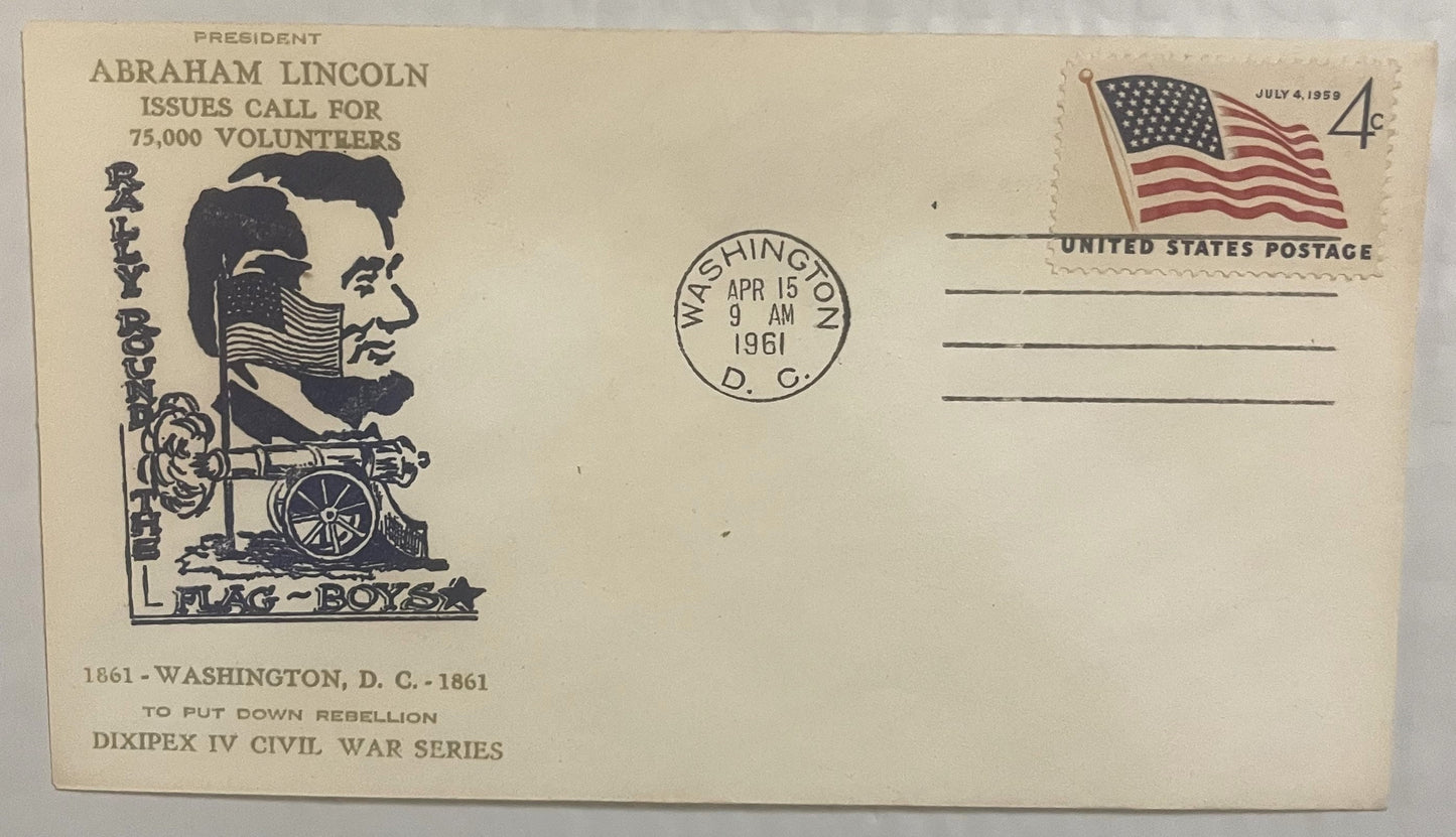 Cream-colored envelope with Lincoln portrait, cannon, and flag stamp, postmarked Washington D.C. April 15, 1961, from Civil W