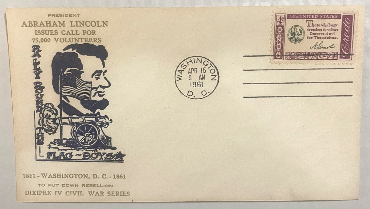 Cream-colored 1961 Civil War Centennial envelope with Lincoln profile, cannon, and "Flag Boys" emblem; Washington D.C. postma