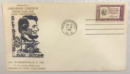 Cream-colored 1961 Civil War Centennial envelope with Lincoln profile, cannon, and "Flag Boys" emblem; Washington D.C. postma