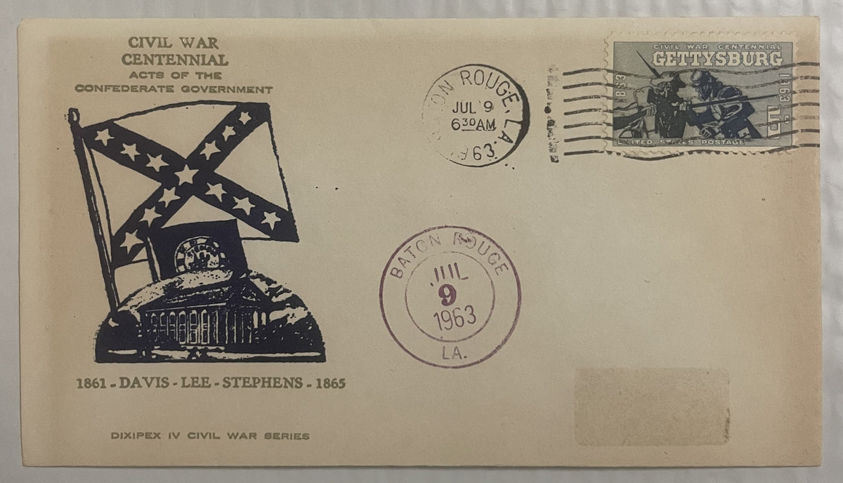 Cream-colored envelope with Confederate flag illustration, "Civil War Centennial" text, and Gettysburg stamp, postmarked July