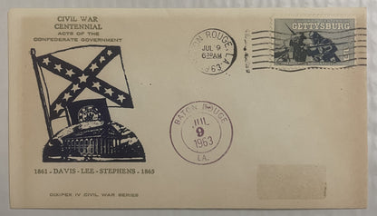 Cream-colored envelope with Confederate flag illustration, "Civil War Centennial" text, and Gettysburg stamp, postmarked July