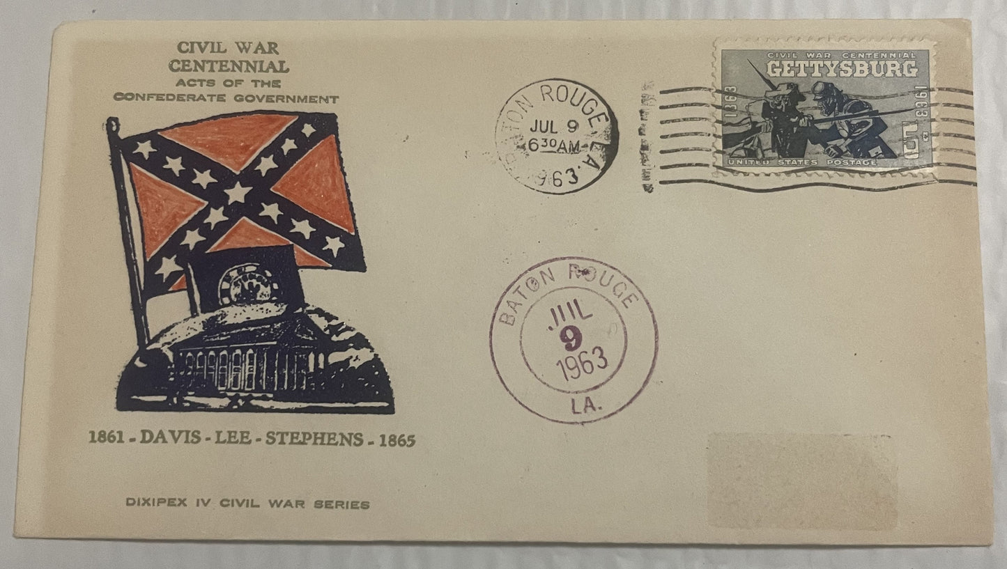 Cream envelope with Confederate flag illustration, "Civil War Centennial" header, and Gettysburg stamp, postmarked July 9, 19