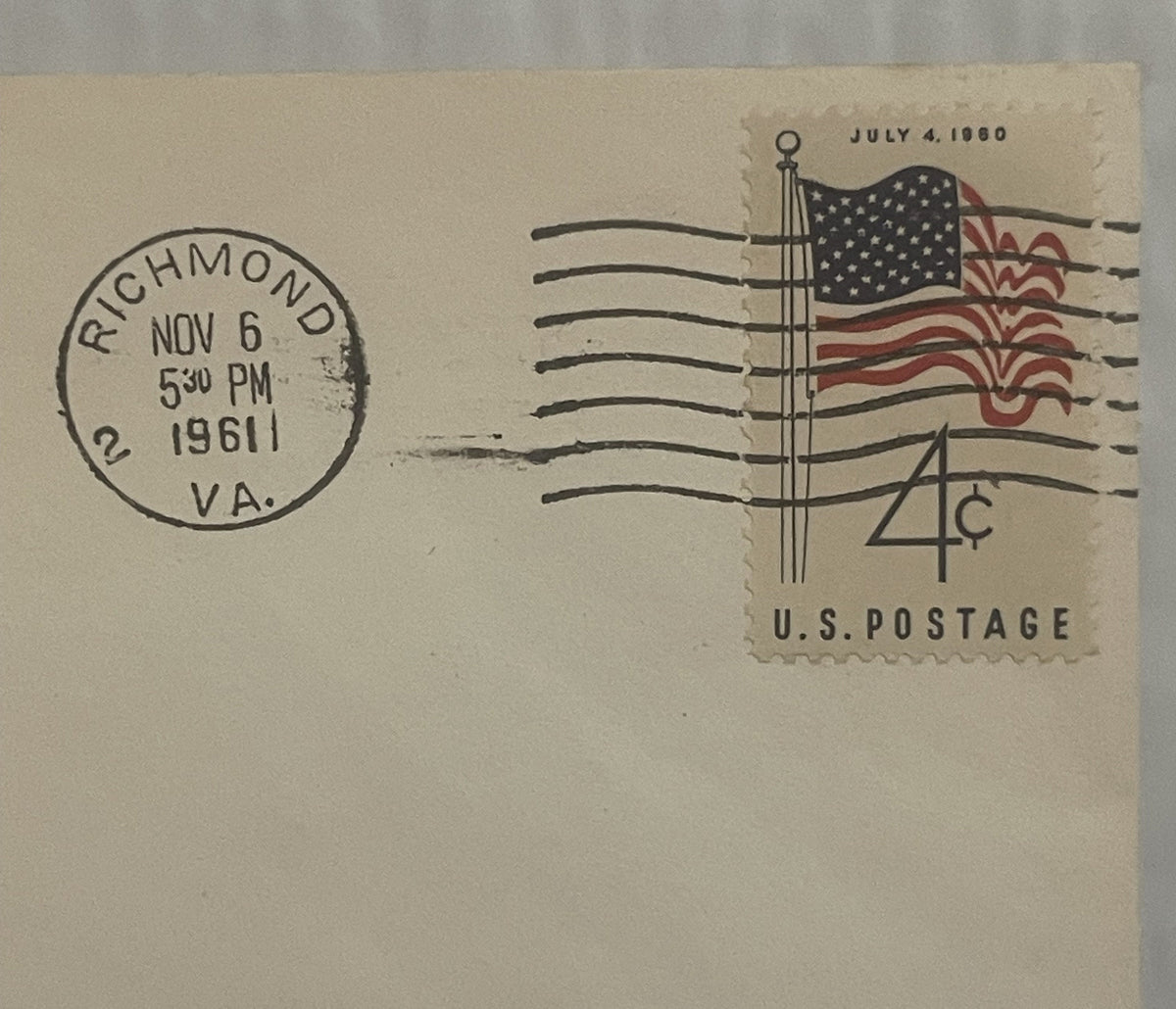 Vintage 1961 stamped envelope with American flag design, postmarked Richmond VA November 6, 1961, 4-cent stamp dated July 4, 