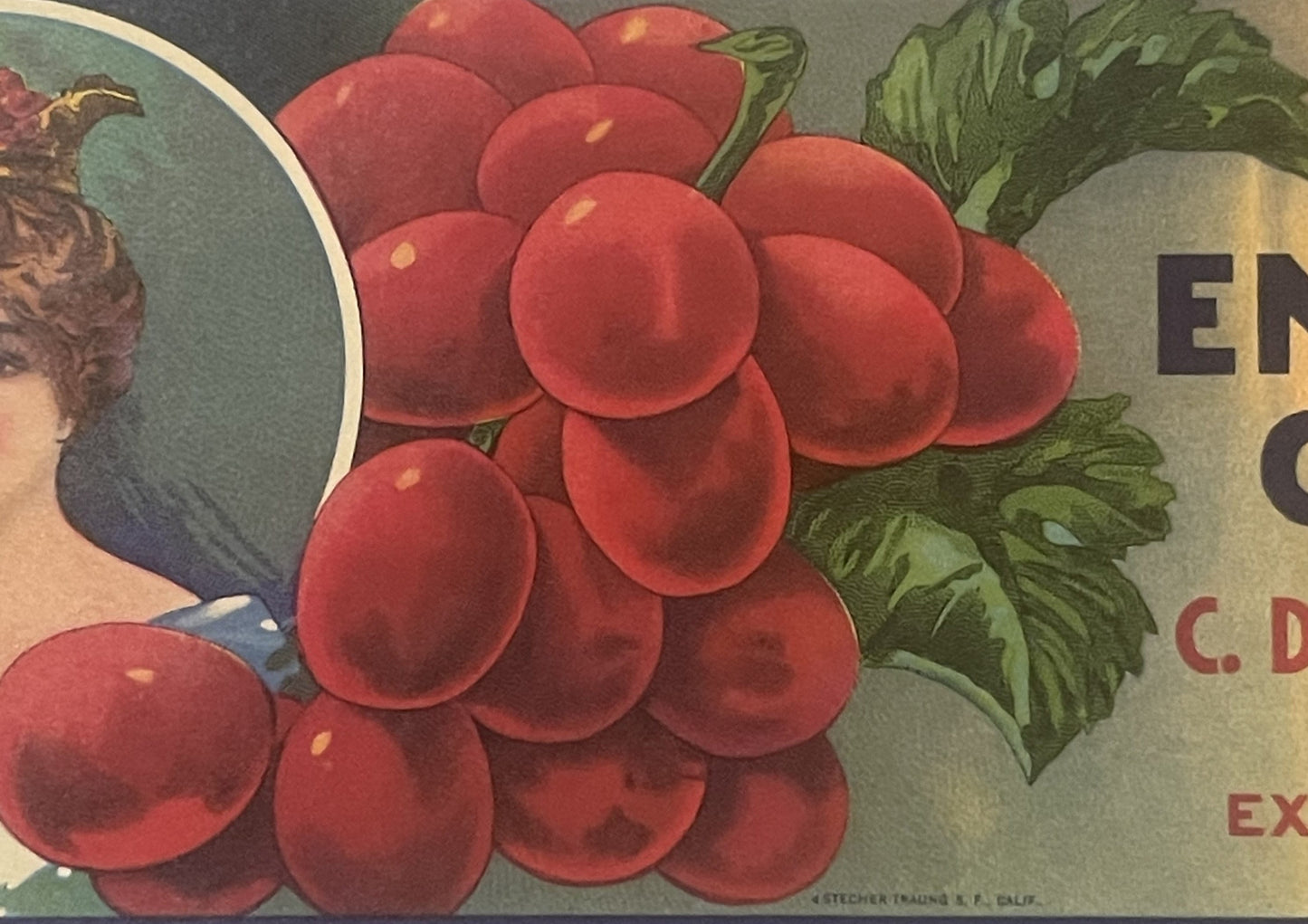 Vintage fruit crate label featuring bright red grapes with green leaves, woman's profile on left, partial text "EM" and "C.D.