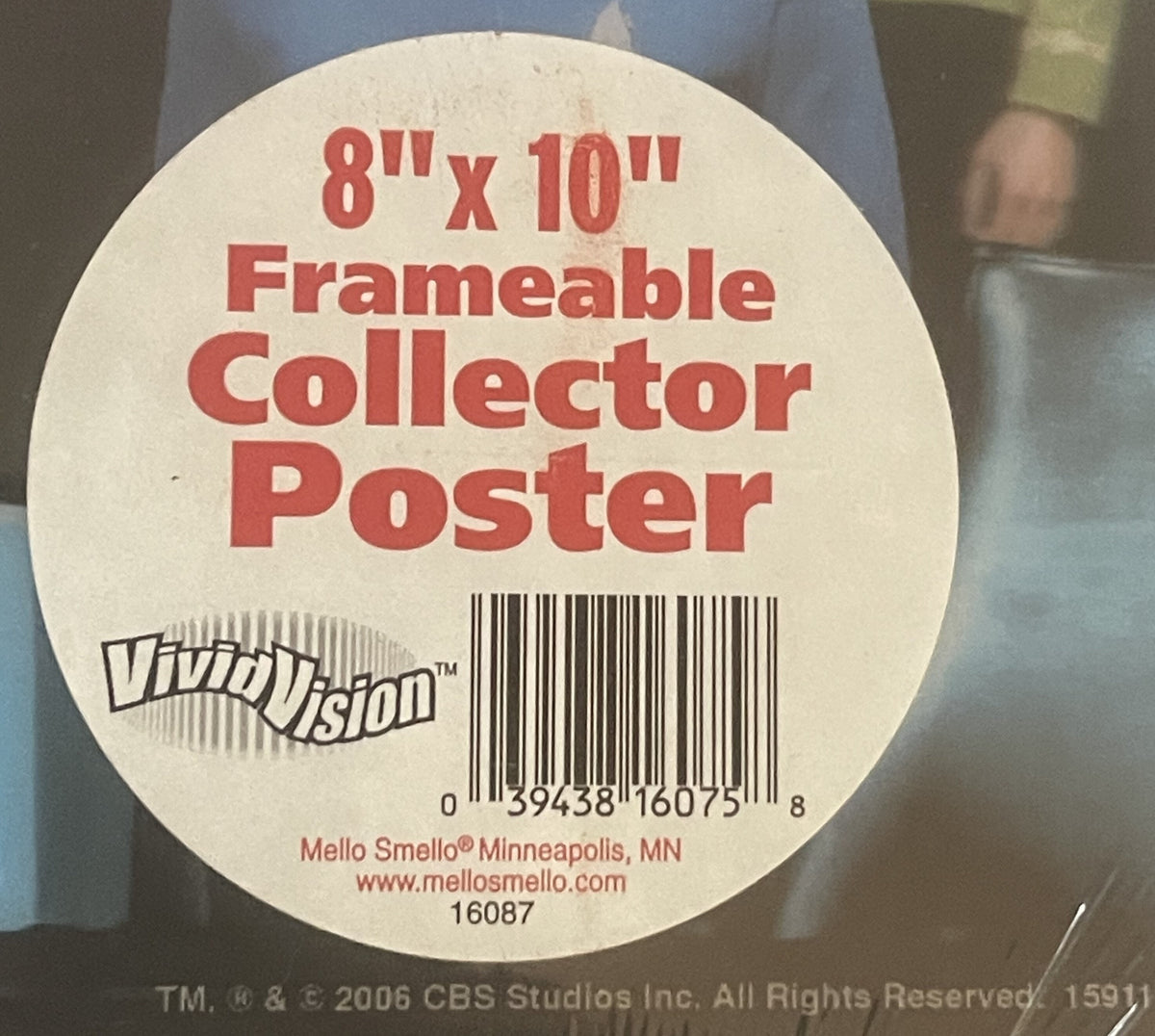 Circular product label for 8" x 10" frameable collector poster, printed in red and cream with VividVision and Mello Smello branding, barcode, and 2006 CBS Studios copyright visible.