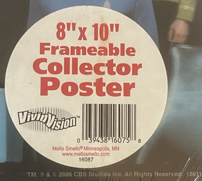 Circular product label for 8" x 10" frameable collector poster, printed in red and cream with VividVision and Mello Smello branding, barcode, and 2006 CBS Studios copyright visible.