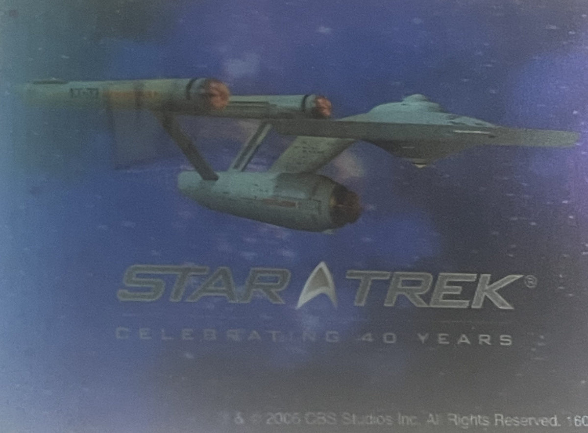 3D lenticular card showing USS Enterprise starship in space with Star Trek logo and "Celebrating 40 Years" text visible